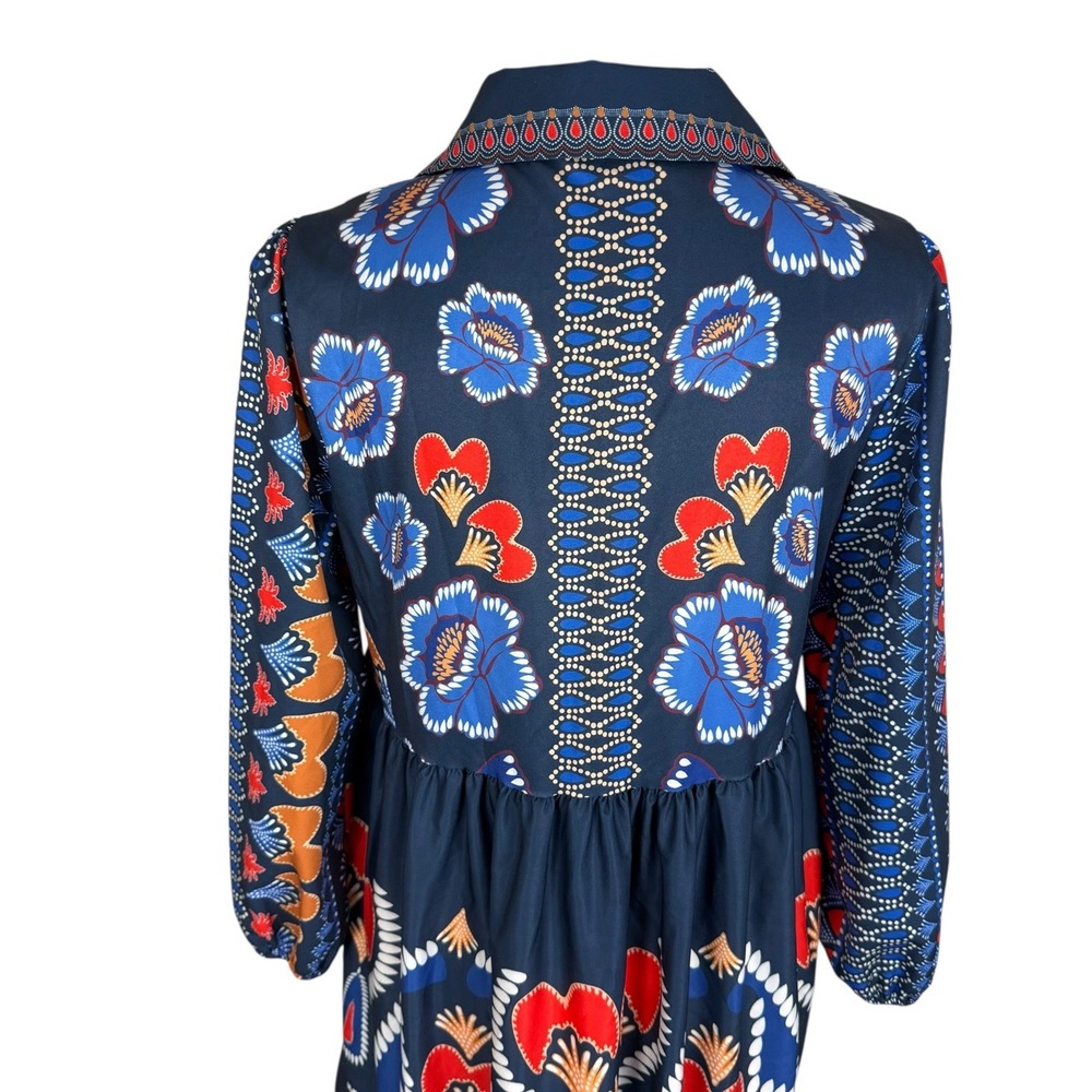 Sunday Up Dress Womens Size Medium Blue Red Bohemian Maxi Tiered Floral Collar - Picture 6 of 10